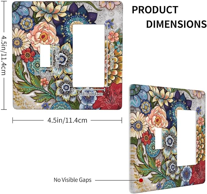 Boho Floral Colorful Floral Multi Color Flower Outlet Covers 1 Toggle 1 Rocker Combination Decorative Wall Plate Electrical Switch Plates Light Switch Cover Plate for Bedroom Living Room Home Decor