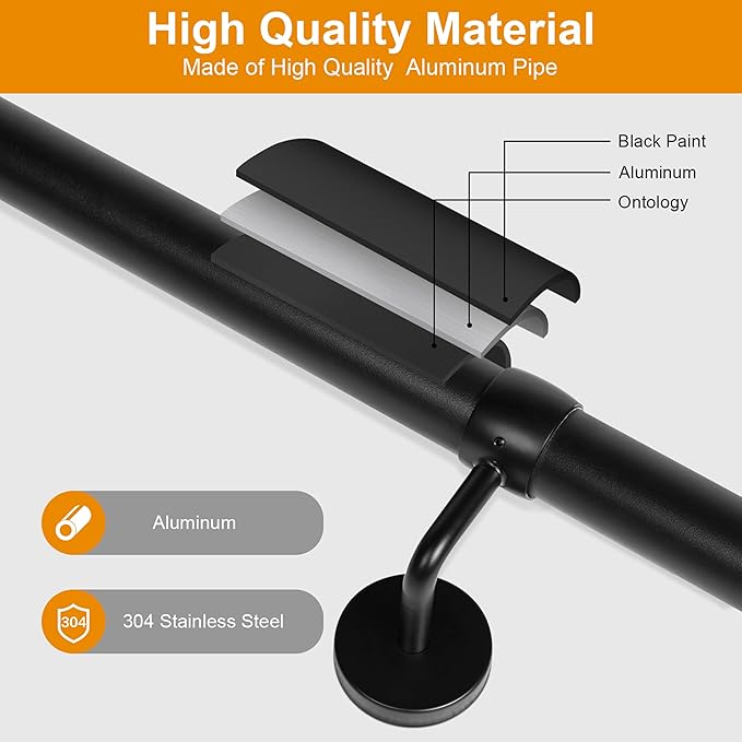 8Ft Industrial Metal Stairs Handrail Kit, Sturdy Wall Mount Aluminum Hand Rail, Indoor Outdoor Stair Railing Wood Concrete Brick Wall,1.5 in Round Pipe Grab Bar, Matte Black-8FT