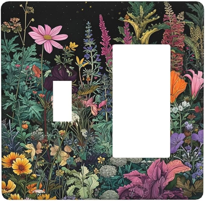 Decorative Outlet Covers Colorful Floral Dark Sky Wildflower Plants 2-Gang Combo Light Switch Cover Plate Single Toggle/Rocker Wall Plate Plug Switch Plate Covers for Bathroom Decor