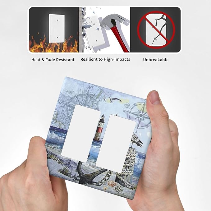 Outlet Covers Sea Ocean Sand Coast Compass Ship Lighthouse Anchor 2 Gang Wall Plate Double Rocker Light Switch Cover Decorative GFCI Receptacle Cover Electrical Switchplate for Bathroom Decor