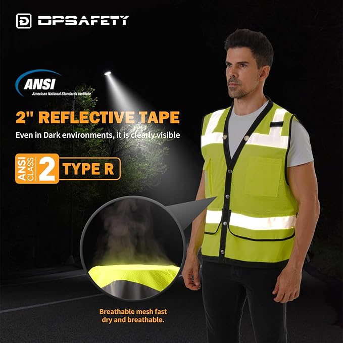 Reflective Safety vest With back plan pocket,High visibility Class 2 Heavy Duty Surveyor Vest,Hi Vis Vest ANSI/ISEA Standard, Construction Work Vest for Men＆Women(Lime-Button,5XL)