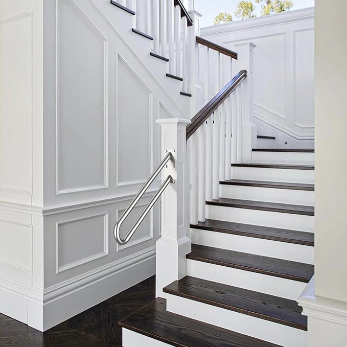 28 Inch U Shaped Handrail for 1-5 Steps - 1.25" Tube, ZUEXT Satin Brushed Nickel Stainless Steel Safety Grab Bar,Wall Mounted Handicap Hand Railing for Outdoor Garage Entry Interior Exterior Stairway