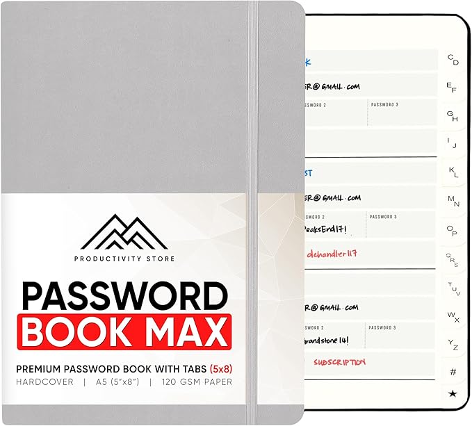 PRODUCTIVITY STORE Best Password Book With Alphabetical Tabs | Password Book, Organizer & Notebook | Password Keeper To Keep Website Logins & Passwords Safe | Black | Medium 5x8