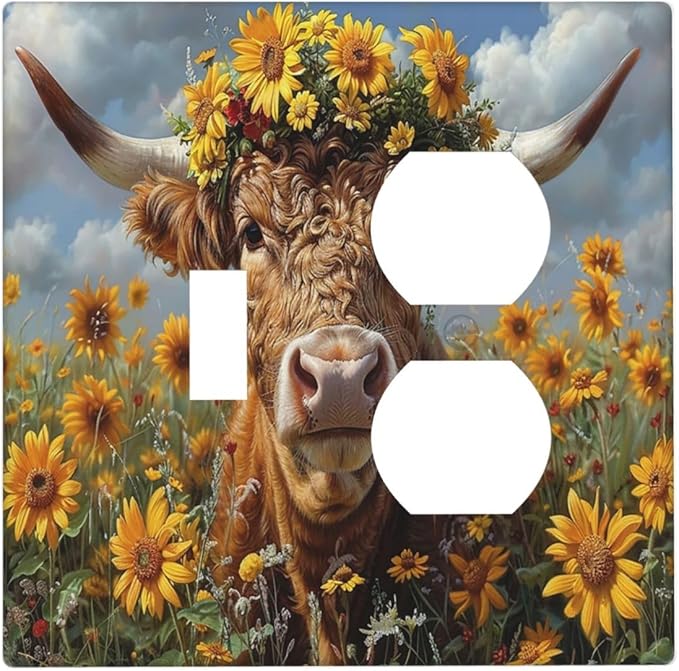 Wallplates Vintage Sunflower Highland Cow Rustic Art 1 Toggle 1 Duplex Switch Plate Electrical GFCI Faceplate Decorative Light Switch Covers for Bedroom Farmhouse Decor