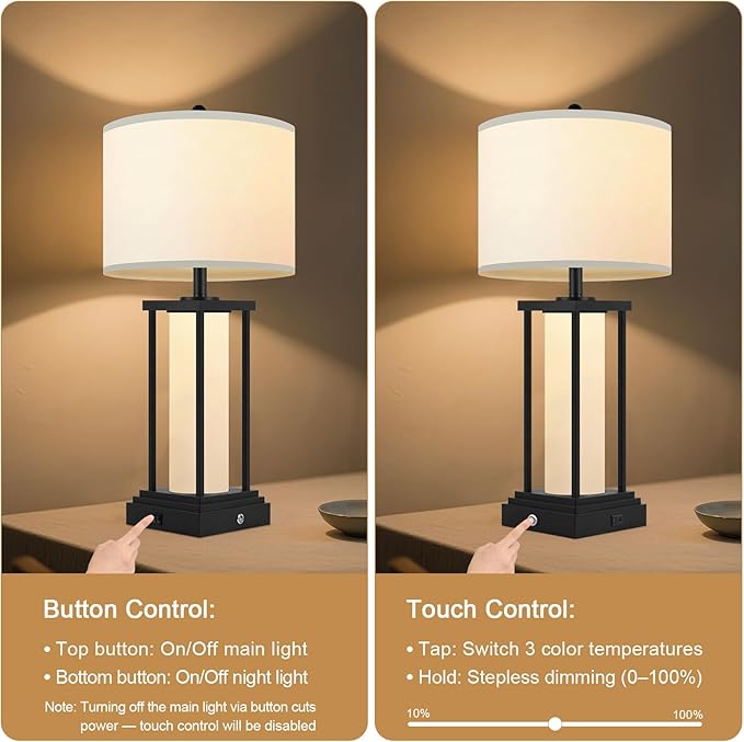 End Table Lamps, Touch Lamps, 3 Color Temperatures, Stepless Dimming, Bedside Lamps with USB C+A Ports, Living Room Table Lamps, Bedroom Lamps for Nightstand(Bulbs Included) - 1 Pack