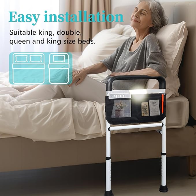 AOHHL Bed Rails for Elderly Adults Safety with Motion Light Adjustable Heights Storage Pocket Assist Support Side Railing for Seniors Slides Under Bed Guard Bed Handle Bars (White with Light)
