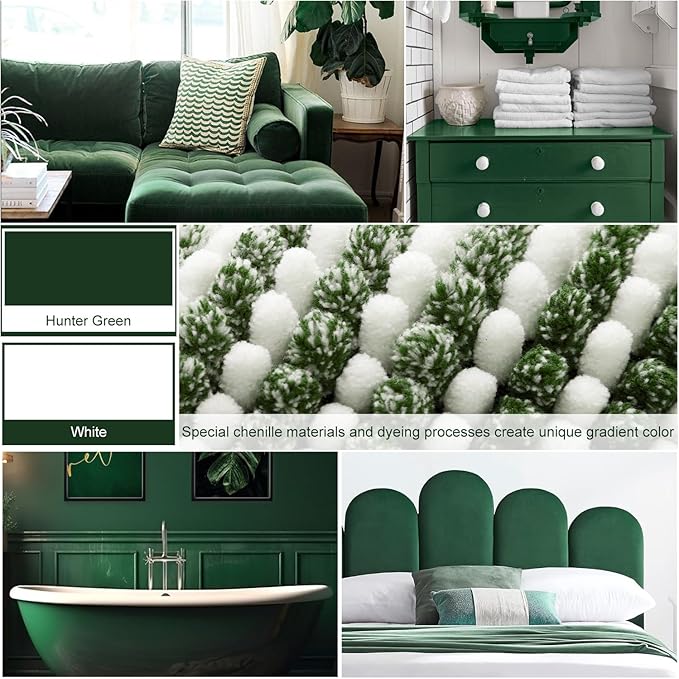 BSICPRO Bathroom Rugs Sets 3 Piece, Toilet Rugs U-Shaped Contour Bath Mat Set, Striped Absorbent Non Slip Chenille Shower Mat, Hunter Green