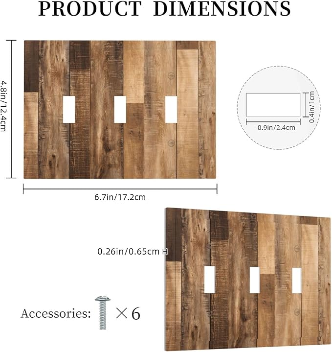 Rustic Brown Wood Splicing Vintage Dark Oak Print Decorative Switch Plates 3 Gang Wall Plate Triple Toggle Light Switch Cover Faceplate Electrical Wall Panels for Farmhouse Home Decor