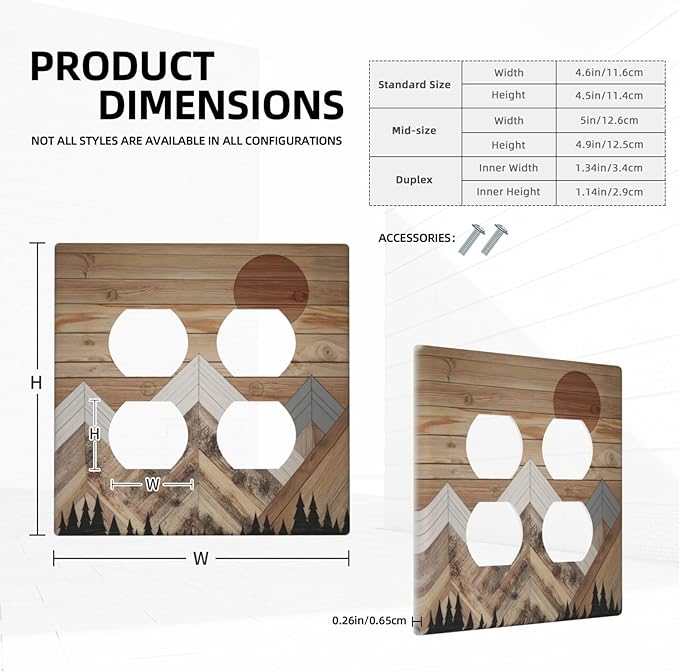 Wooden Planks Mosaic Snow Mountain Sun Outlet Covers 2 Gang Double Duplex Decorative Light Switch Covers Electrical Wallplates Socket Faceplate for Farmhouse Home Decor