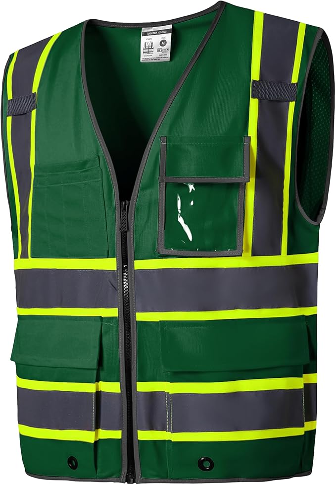 SKSAFETY 10 Pockets Safety Vest, Class 2 High Visibility Security with Zipper, Hi Vis Vest with Reflective Strips, ANSI/ISEA Standard, Construction Work Vest for Men ＆ Women （Green,L）