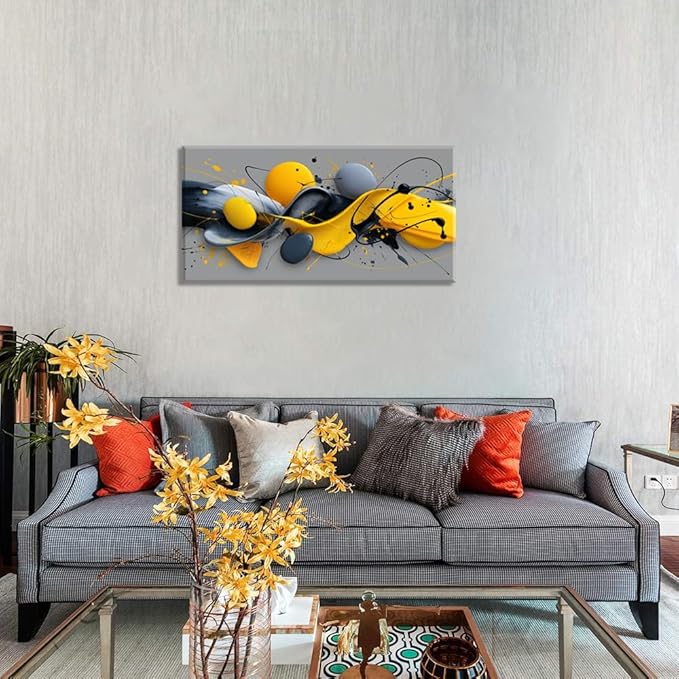 Yellow Abstract Splash Pigment Wall Art for Living Room Canvas Painting Prints Dynamic Art Deco Gray Vibrant Artwork Office Bedroom Family Decor Large