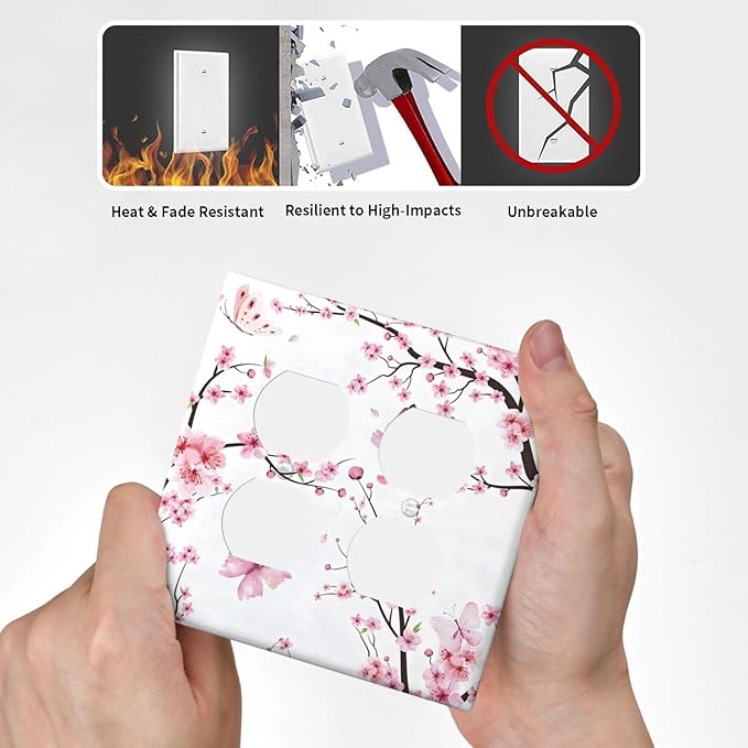 Cherry Floral Watercolor Pink Flowers Butterfly Outlet Covers 2 Gang Double Duplex Decorative Light Switch Covers Electrical Wallplates Socket Faceplate for Bed Room Living Room Decor