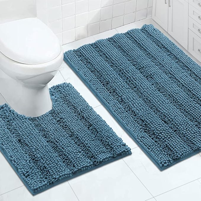 Turquoize Chenille Bathroom Rugs Set Non-Slip Bath Mats for Bathroom Super Absorbent Shaggy Rugs for Tub Shower Toilet Bath Rug Plus U Contour Rug (Oversized: 24" x 36" and 20" x 24" U), Turquoise