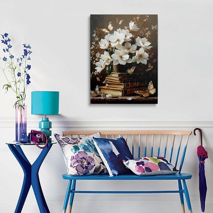 Framed Floral Book Butterfly Vintage Picture Wall Decor Gift Retro Bible Print Poster Rustic Painting Flower Canvas Wall Art for Living Room Bedroom Artwork (16"x24")
