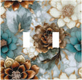 Vintage Marble Floral Gold/Green/White Metal Flowers Double Toggle Light Switch Covers Decorative 2 Gang Wall Plate Cover Dual Device Electrical Switchplate Dimmer Faceplate for Bathroom Decor