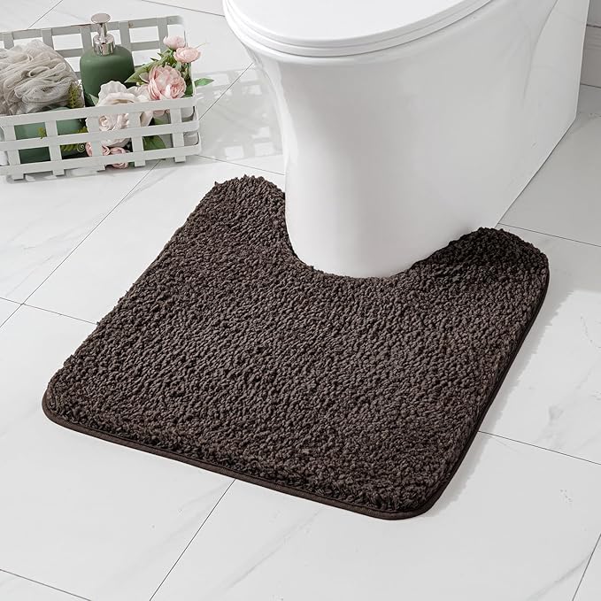 MIULEE Microfiber Toilet Bath Mat U-Shaped Contour Shaggy Rugs Non Slip Extra Thick Soft Absorbent Water for Bathroom Commode Machine Washable(20x20 Inch, Brown)