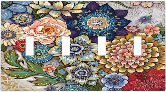 Boho Floral Colorful Floral Multi Color Flower Light Switch Covers Quad Toggle Electrical Faceplate 4 Gang Wall Plate Decorative Switch Plates Cover for Bedroom Living Room Home Decor