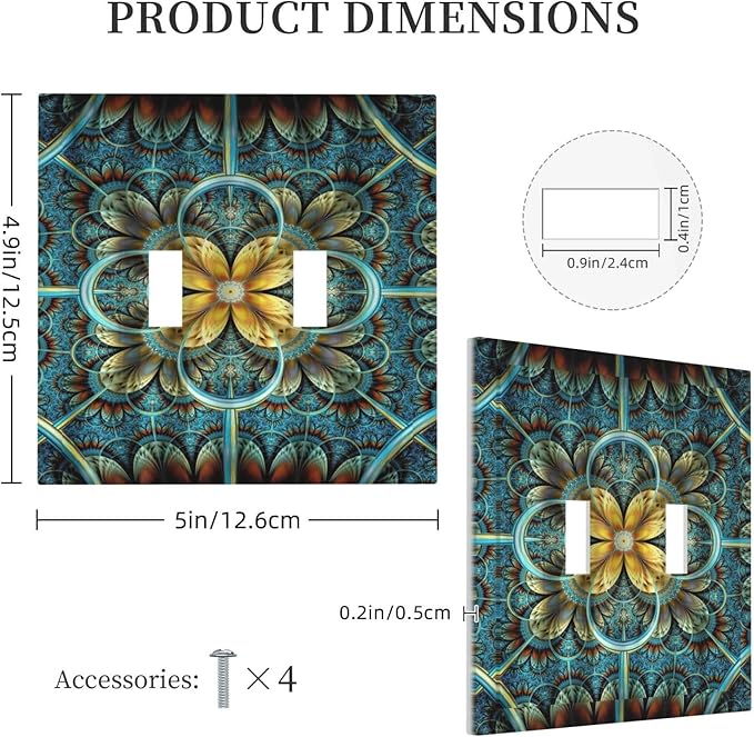 Light Switch Cover Boho Fractal Mandala 2 Gang Wall Plate Double Light Switch Plate Bohemia Toggle Decorative Outlet Covers Electrical Switchplate for Bathroom Bedroom Decor