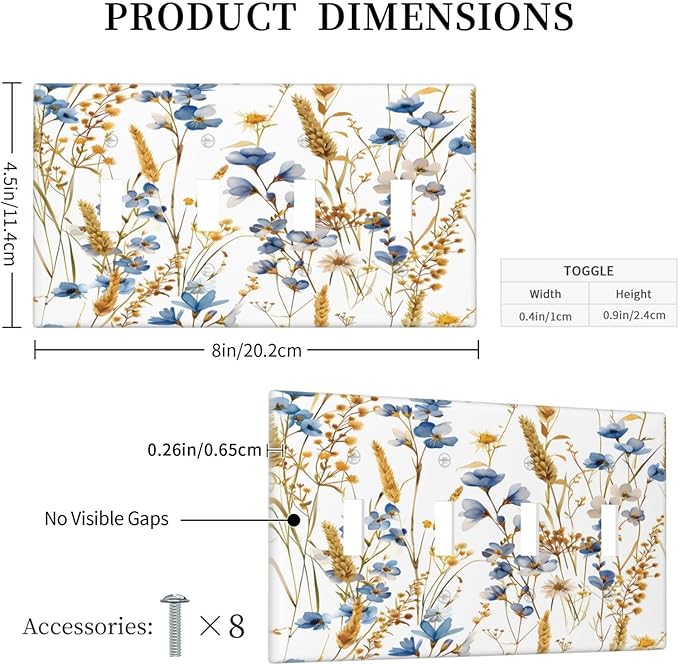 Vintage Wildflower Blue Gold Country Fall Wheat Floral Light Switch Covers Quad Toggle Electrical Faceplate 4 Gang Wall Plate Decorative Switch Plates Cover for Bedroom Living Room Decor