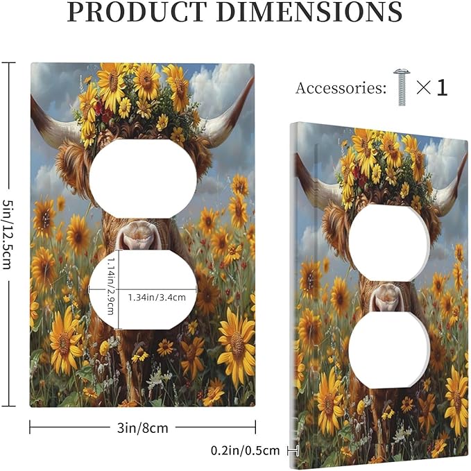 Outlet Covers Vintage Sunflower Highland Cow Rustic Art 1 Gang Duplex Wall Plate Decorative Switch Plates Electrical Receptacle Faceplate Light Switch Cover for Bedroom Farmhouse Decor