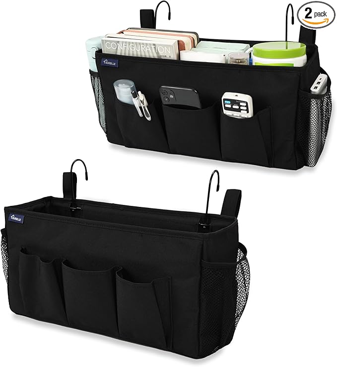 Surblue Bedside Organizer with Hook Bedside Caddy Hanging Storage Bag with Adjustable Strap and Water Bottle Holder for Home College Dorm Bunk Bed Accessories, Crib Bed Rail, Hospital Bed, Black, 2PCS