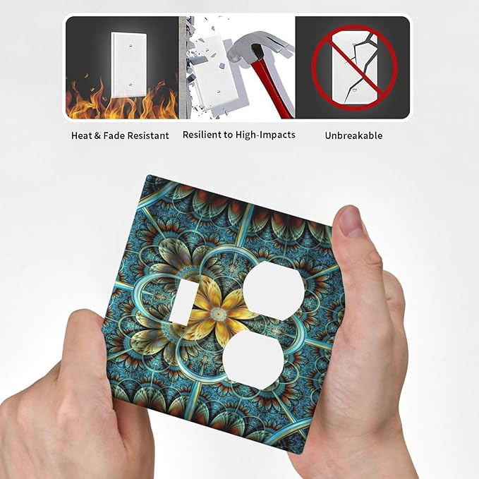 Decorative Light Switch Cover Plate Boho Fractal Mandala Bohemia 2 Gang Outlet Covers 1 Toggle 1 Duplex Wall Plate Decorate Electrical Switch Plate Covers for Bedroom Home Decor