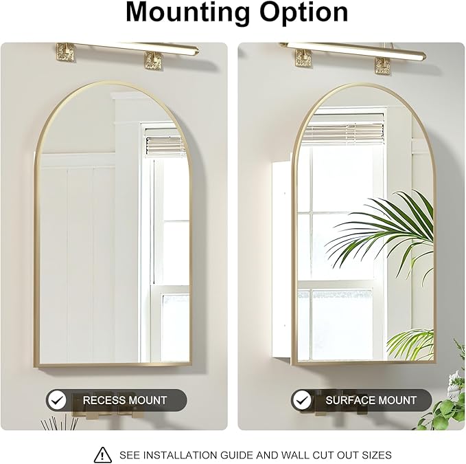 Recessed Medicine Cabinet for Bathroom,Brushed Gold Arched Medicine Cabinet with Mirror,Arch Mirrored Medicine Cabinets Recessed,Bathroom Mirror with Storage,Open from Left to Right 20x30
