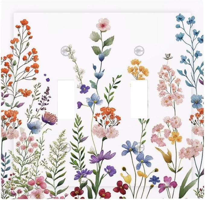 Rustic Wild Floral Vintage Colorful Flowers Double Toggle Light Switch Covers Decorative 2 Gang Wall Plate Cover Dual Device Electrical Switchplate Dimmer Faceplate for Bathroom Decor