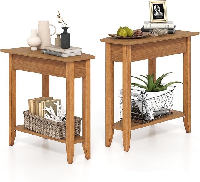 Giantex Wedge End Table, Triangle Side Table with Storage Shelf and Solid Wood Legs, 24.5" Tall Nightstand, Modern Narrow Accent Recliner Table for Small Space Living Room, Walnut