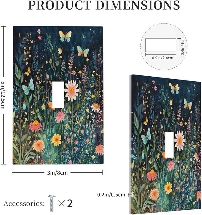 Decorative Light Switch Cover Boho Vintage Floral Flower Butterfly 1 Gang Single Toggle Device Electrical Faceplate Switchplates Decorator Outlet Wall Plate for Bedroom Home Decor