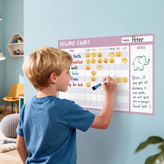 COMIX Magnetic Dry Erase Board, Adhesive Reward Task Chart 26" x 17" Chore Chart Whiteboard for Kids with Cute Magnetic Emoji, Educational to Do List Set for Student Home Classroom
