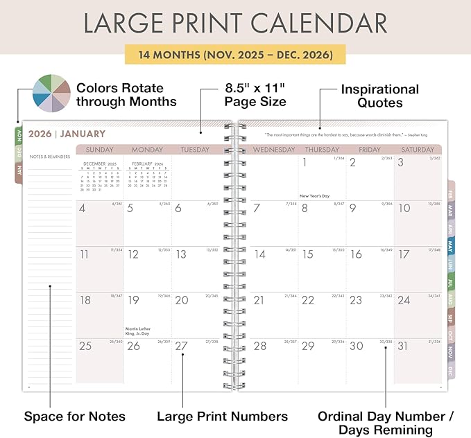 Essential PRO 2026 Daily, Weekly & Monthly Planner, 8.5"x11": 14 Months (Nov 2025 - Dec 2026) Monthly Tabs,Daily Tracking,Notes Pages,Storage Pocket,Bookmark w Sticky Notes (Watercolor Butterflies)