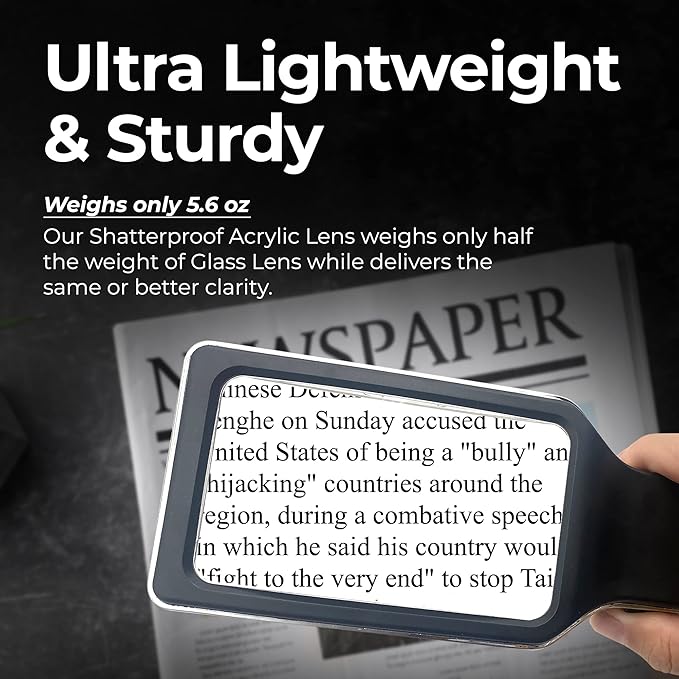 MagniPros Patented 6X Rechargeable Magnifying Glass with 3 Color Light Modes & Anti-Glare Lens - Relieve Eye Strain | Perfect for Low Vision Seniors, Macular Degeneration & Fine Print