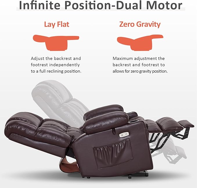 MCombo Dual Motor Large Power Lift Recliner Chair for Elderly, Lay Flat Lift Chair with Heat and Massage, Big Lift Recliner for Tall People, Faux Leather 7896 (Dark Brown, Large)