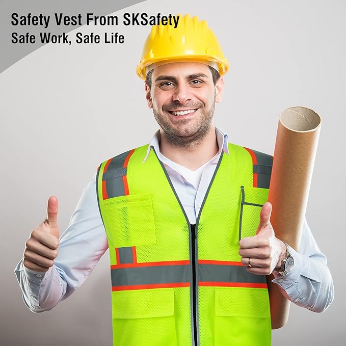 SKSAFETY 10 Pockets Safety Vest, Class 2 High Visibility Security with Zipper Double-sided mesh, Hi Vis Vest with Reflective Strips, ANSI/ISEA Standard, Construction Work Vest （Lime, 4XL）