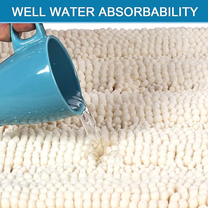 H.VERSAILTEX Bath Rugs for Bathroom Non Slip Bath Mats Extra Thick Chenille Striped Rug 20" x 32" Absorbent Non Skid Fluffy Soft Shaggy Washable Dry Fast Plush Mat for Indoor, Bath Room, Tub - Ivory