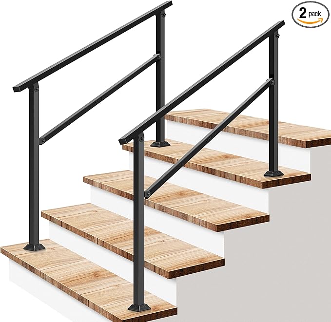 VIVOSUN 2-Pack Outdoor Handrail, 4 Step Stair Handrail, 54" x 36" Fits 1 to 4 Steps, Wrought Mattle Iron Handrail for Concrete Steps, Porch Steps, One-Step Assembly, 2 Packs, Black