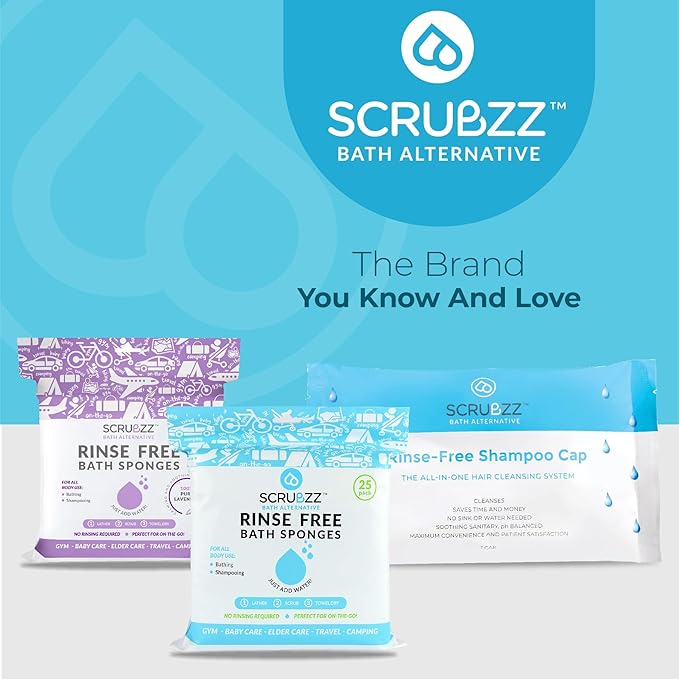 Scrubzz Shampoo Caps No Rinse for Elderly and Bedridden Patients, Rinse Free Shampoo Caps for Post Surgery and Hospital Stays, Waterless Hair Washing Shower Caps - 24 Pack