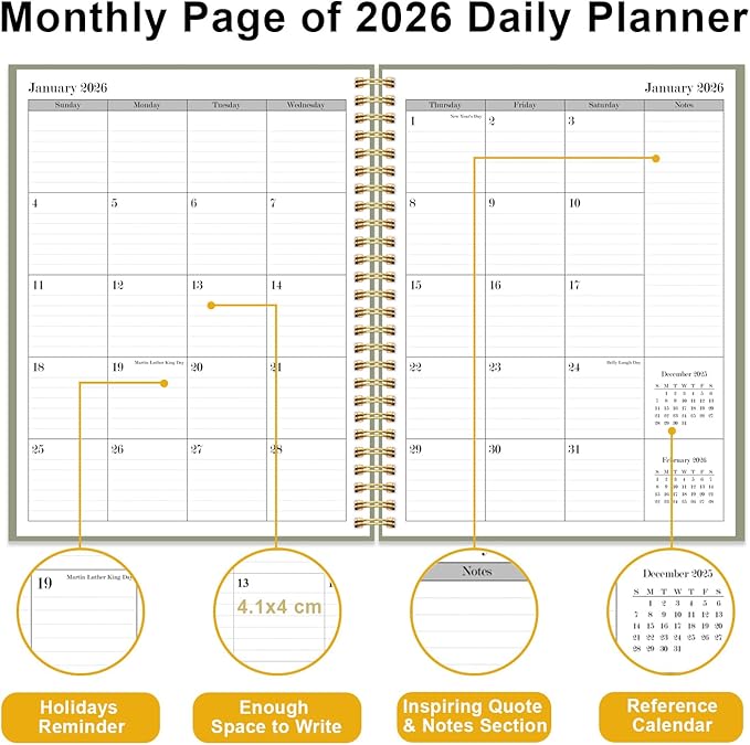 Daily Planner 2026 - Full Page Per Day, Jan 2026 to Dec 2026, 2026 Daily Planner with Spiral Bound, Inner Pocket, Perfect for School Office Supplies, 7'' x 10'', Green