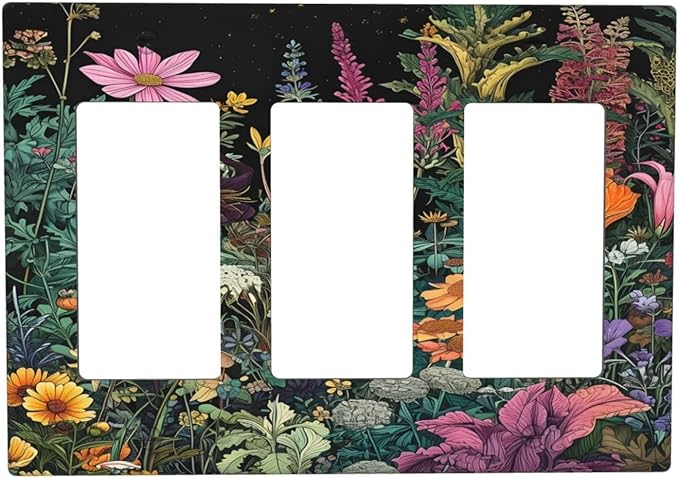 Decorative Outlet Covers Colorful Floral Dark Sky Wildflower Plants 3 Gang Gfci Wall Plate Triple Rocker Light Switch Cover Plate Switch Plate Covers for Bathroom Decor