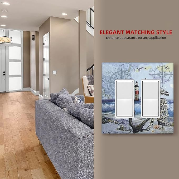 Outlet Covers Sea Ocean Sand Coast Compass Ship Lighthouse Anchor 2 Gang Wall Plate Double Rocker Light Switch Cover Decorative GFCI Receptacle Cover Electrical Switchplate for Bathroom Decor