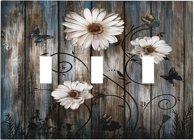 Rustic Wood Background Floral Butterfly Daisy Decorative Switch Plates 3 Gang Wall Plate Triple Toggle Light Switch Cover Faceplate Electrical Wall Panels for Farmhouse Bedroom Decor