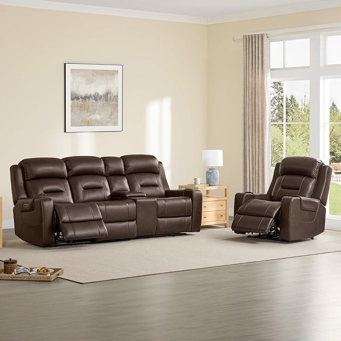 Watson & Whitely Genuine Leather Power Recliner Chairs for Adults, Lay Flat Recliner with Power Headrest, USB Ports and Cup Holders, Electric Reclining Sofa for Living Room, Bedroom, Dark Brown