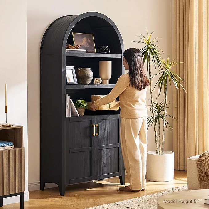 mopio Lauren 77.4" Tall Arched Cabinet, 5-Tier Arched Bookcase with Doors and Adjustable Shelves, Arch Bookshelf with Storage, Wooden Storage Cabinet for Living Room and Kitchen Pantry (Black)