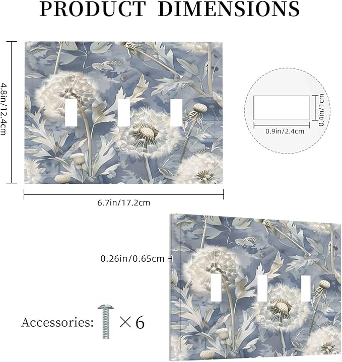 Blue Dandelion Vintage Floral Boho Flower Decorative Switch Plates 3 Gang Wall Plate Triple Toggle Light Switch Cover Faceplate Electrical Wall Panels for Bedroom Living Room Home Decor