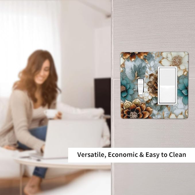 Vintage Marble Floral Gold/Green/White Metal Flowers 2 Gang Combination Light Switch Covers Decorative Toggle Rocker/Decora Wall Plate Electrical Receptacle Switchplate Dimmer Faceplate