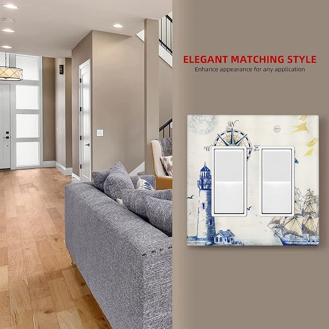 Nautical Sailboat Lighthouse Compass Anchor Double Rocker/Decora Outlet Covers Plate 2 Gang Light Switch Cover Decorative Rustic Gfci Wall Plate Electrical Switchplate for Country Bathroom
