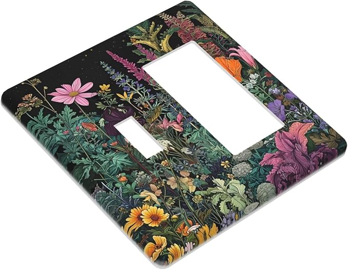 Decorative Outlet Covers Colorful Floral Dark Sky Wildflower Plants 2-Gang Combo Light Switch Cover Plate Single Toggle/Rocker Wall Plate Plug Switch Plate Covers for Bathroom Decor