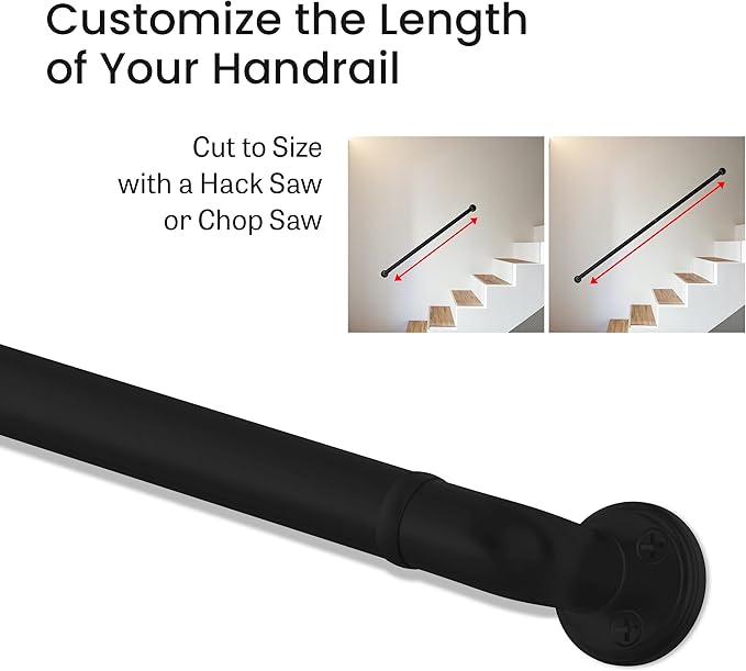 Meranti Aluminum Handrail for Stairs - ADA Compliant Wall Returns - Handrails for Indoor Stairs - Metal Handrail, Powder Coated for Outdoor Environment, DIY Handrail Kit (WHR, Black Textured, 6' L)