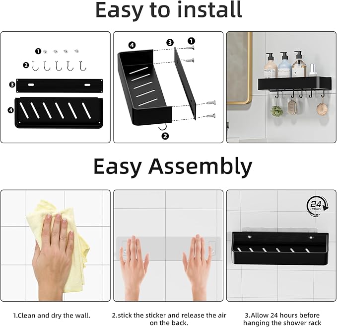Shower Caddy Adhesive, No Drill Rustproof Bathroom Shelf, 2 Pack Large Capacity Aluminum Shower Shelves, Shower Organizer Rack with 5 Removable Hooks,Black